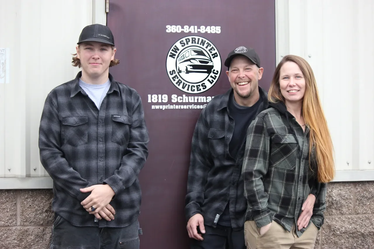The Barton family at the NW Sprinter Services shop entrance